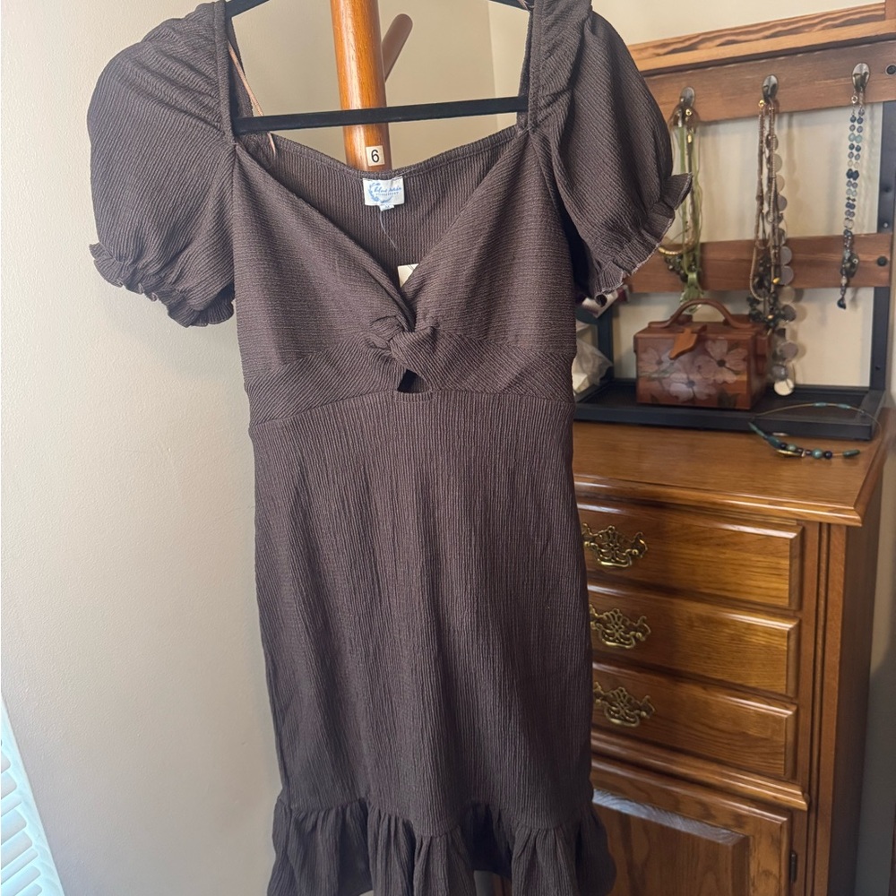 Blue Rain Brown Midi Dress with Puff Sleeves
